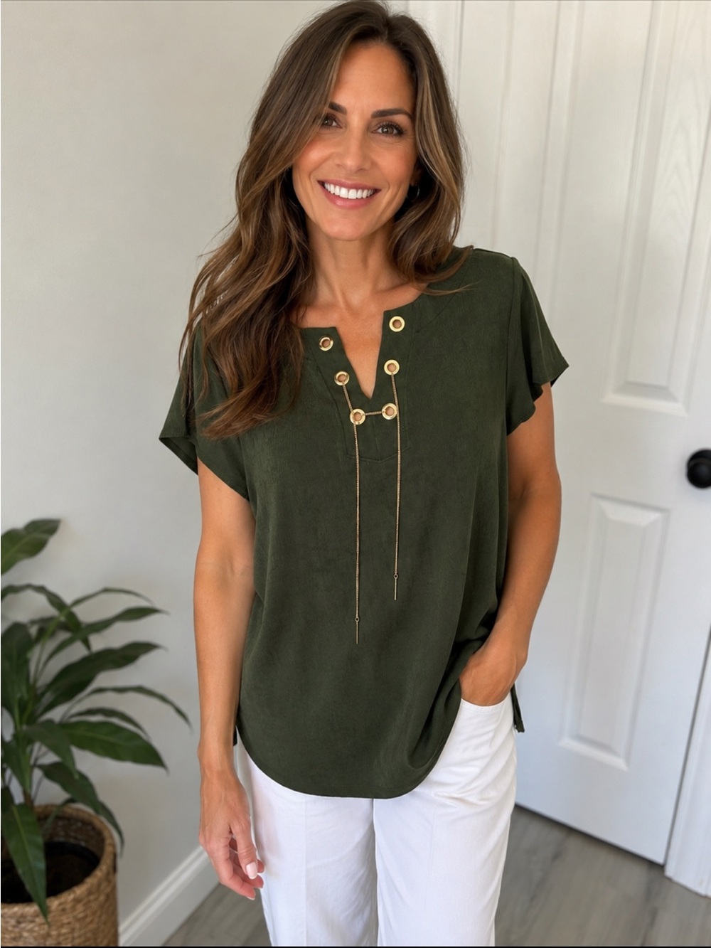 Chicos’s Travelers Lace Up Top Olive